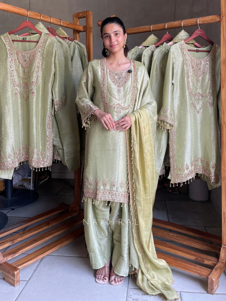 Image of Vibhan Jewel-Neck Pista Green Suit Set