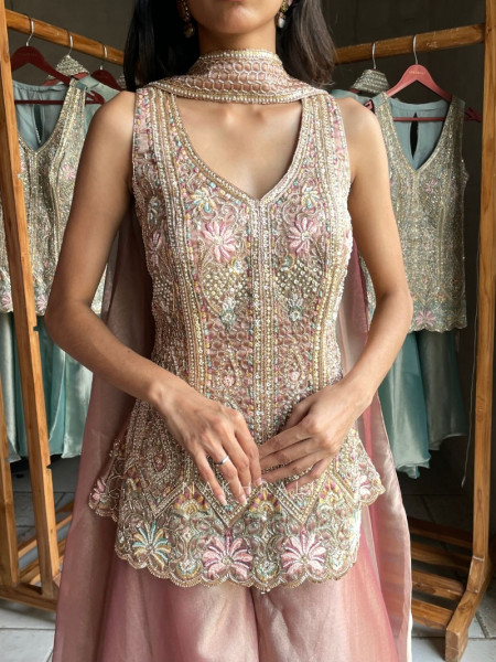 Claystone Onion Pink Tissue Silk Indo-Western Palazzo Set
