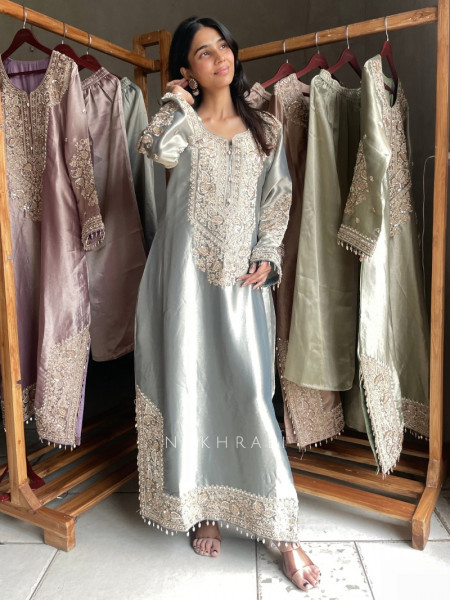 Frost Sea Green Zardozi Droplet Long Dress