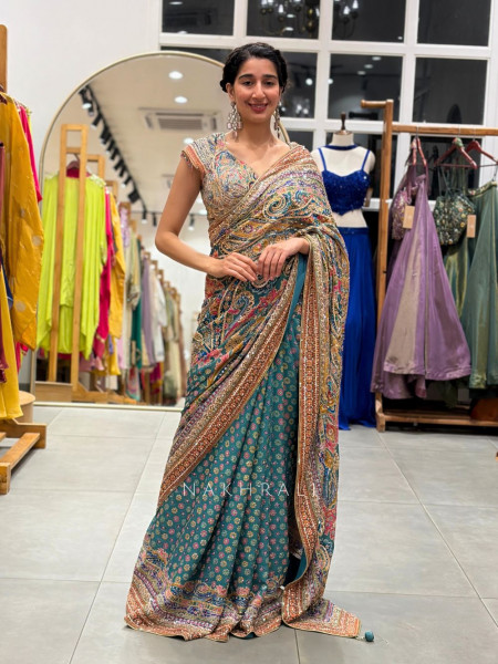 Zyraja Rama Green Printed Saree with Embellished Blouse