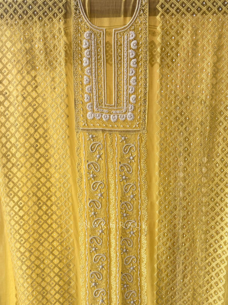 Avarna Yellow Pearl Beads Embroidered Dress Material