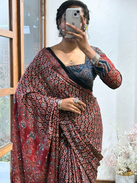 Chitra Maroon Modal Silk Saree With Ajrakh Print