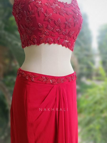 Myra Red Crop Top Skirt with Cape