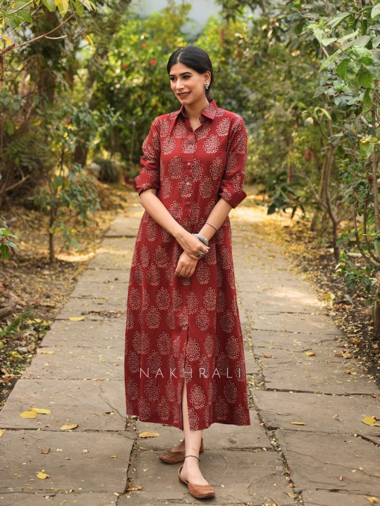 Image of Rihana Red Cotton Block Printed Button-Down Dress