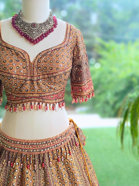 Burnt Orange Silk Lehenga Set With Marodi, Gota Patti & Mirror Work