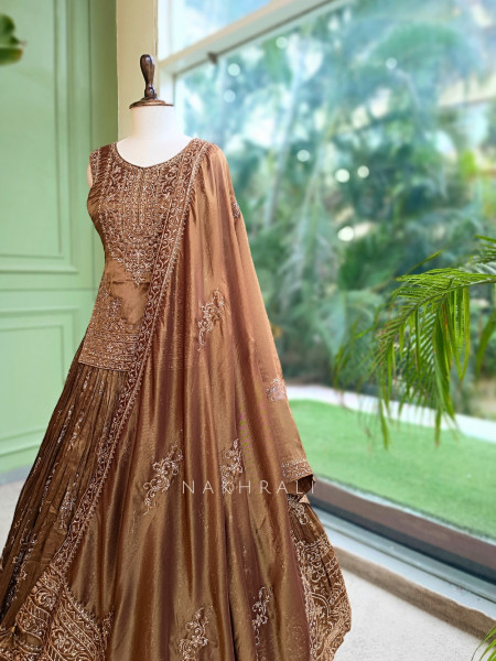 Sultana Shimmer Brown Tissue Silk & Organza Peplum Lehenga Set