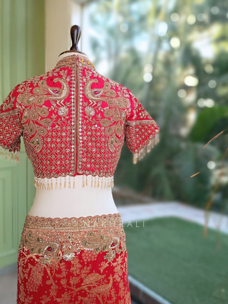 Kundan-Crested Red Banarasi Katan Silk Saree with Readymade Blouse