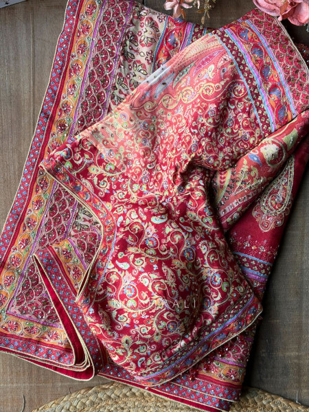Paisley Printed Red Saree with Stone Embellished Readymade Blouse