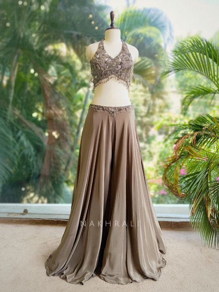 Avelyn Grey Crop Top Palazzo Set with Sequin & Cut Dana Work