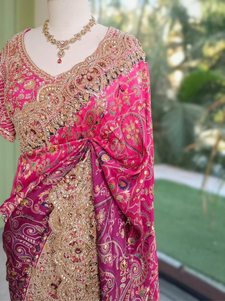 Sitara-e-Dusk Magenta Apple-Cut Black Blouse Saree Set