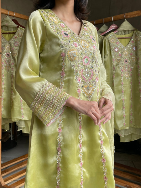 Nishaara Green Tissue Silk Straight Suit Set