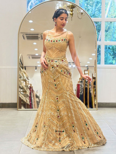 Sunehera Golden Net Mermaid Lehenga Set with Zardozi and Navratan Stone Work