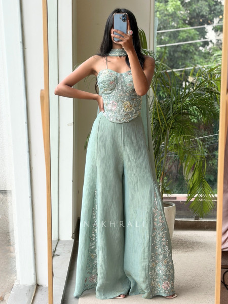 Serenelle Sea Green Crushed Georgette Indo-Western Palazzo Set