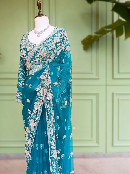 Leher-e-Ishq Blue Net Saree With Floral Hand Embroidery