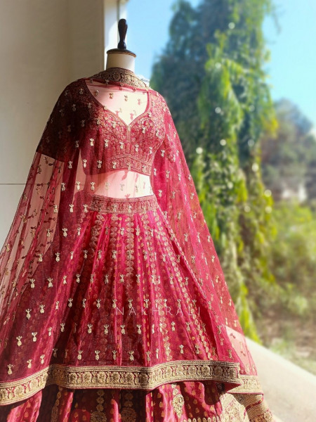 Rivaya Maroon Bridal Lehenga with Zari Sequin and Gota Work