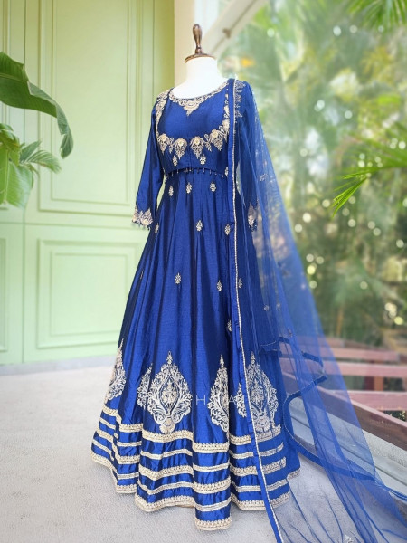 Nevria Blue Anarkali Set with Embroidered Crop Jacket & Stone Work