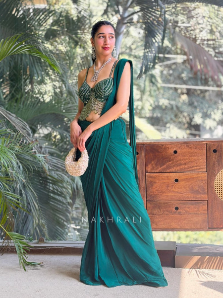 Zarreen Emerald Drape Saree Set with Handworked Blouse