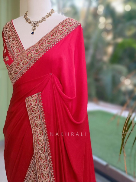 Gilded Borderways Red Chinnon Silk Saree with Running Blouse