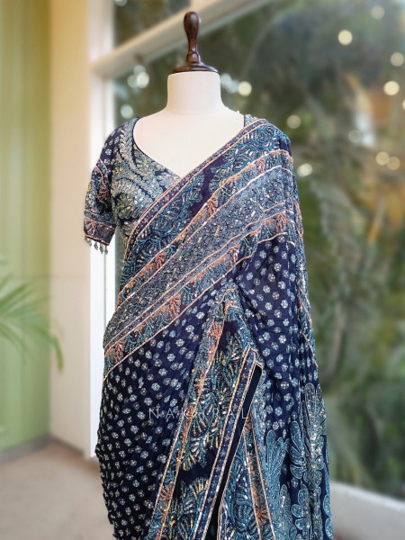 Iraani Blue Saree with Readymade Blouse