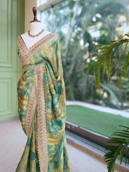 Resham Kyari Green Crepe Silk Printed Saree