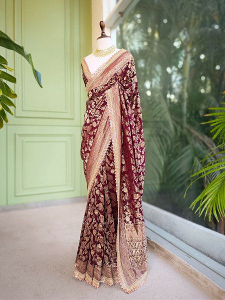 Soraya Wine Silk Saree with Zari and Sequin Work