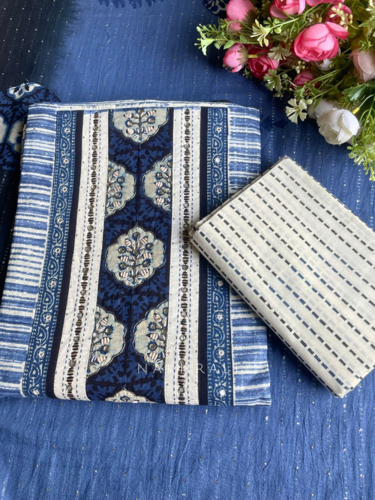 Image of Zorina Blue Printed Dress Material with Tassel Detail