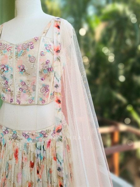 Aarvi Cream Floral Printed Lehenga with Sequin Corset Blouse