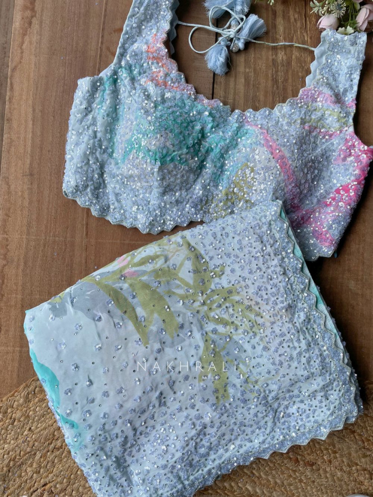 Image of Pastel Prism Sky Blue Saree With Abstract Sequin Scallop Work