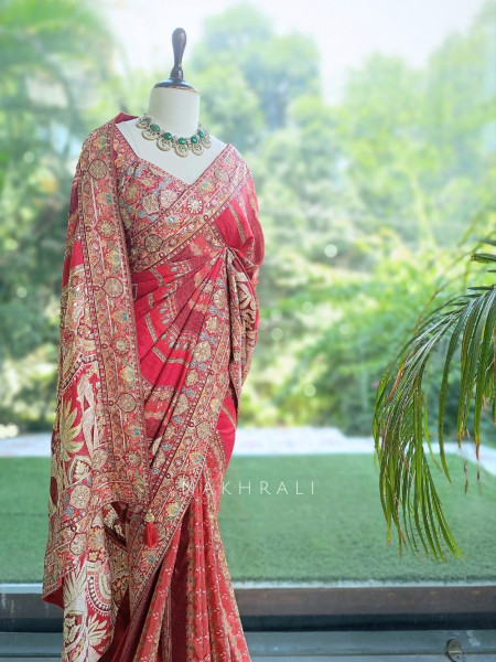 Dia Red Tussar-Crepe Blend Saree with Readymade Blouse