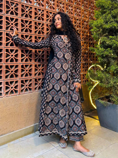 Black Cotton Ajrakh Print Angrakha Anarkali Suit Set