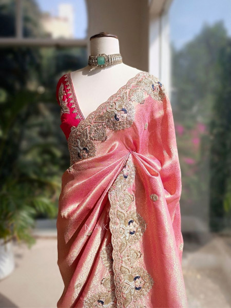 Sunheri  Pink Saree with Zari Sequin Border