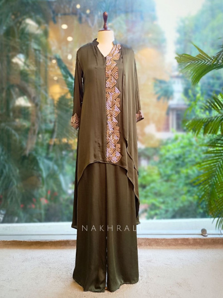 Olive Aura Indo-Western Set with Cut Dana & Beads Work