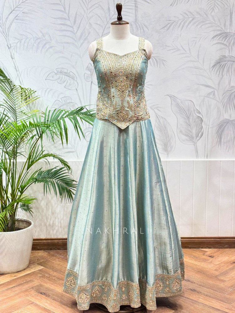 Image of Zehyr Sea Green Embroidered Indo Western Lehenga Set