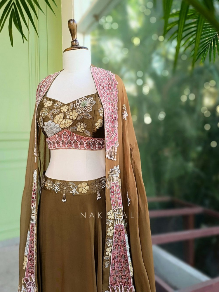 Image of Gulvani Brown Indo-Western Lehenga Set with Zari, Sequin and Bead Work