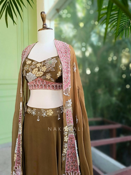 Gulvani Brown Indo-Western Lehenga Set with Zari, Sequin and Bead Work