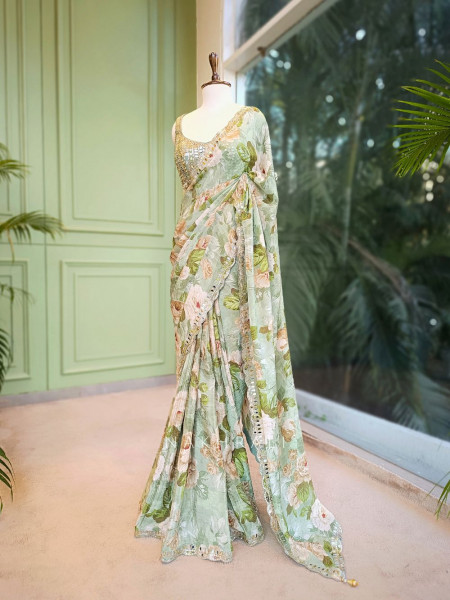 Flora Green Floral Saree with Mirror & Gota Work