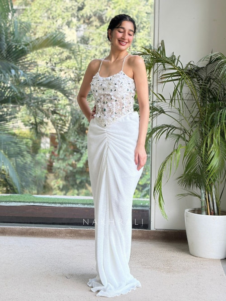 Sitara Veil WhiteMicro-Shimmer Georgette Crop Top Skirt Set