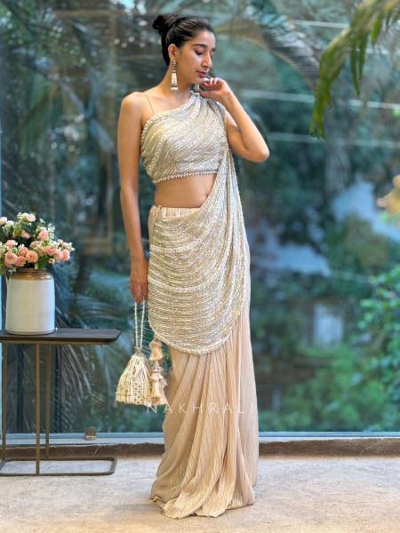 Stardust Peach Drape Saree with Cutdana and Pearl Work