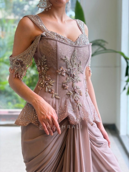 Corvessa Beige Indo-Western Drape Gown with Bead Sequin Work