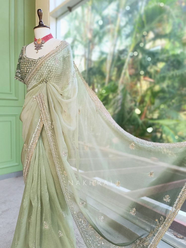 Image of Oshini Pista Green Saree with Readymade Blouse