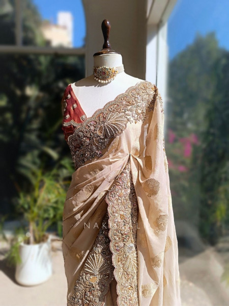 Vaanya Beige Saree with Zardozi Work
