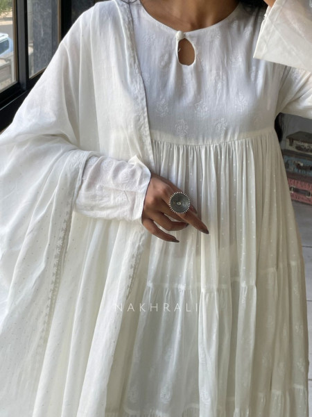 Mihira White Cotton Anarkali Suit Set with Printed Dupatta