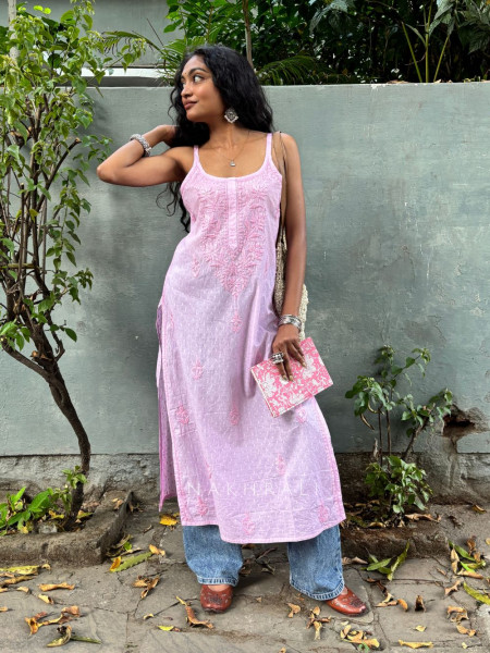 Sunbreeze Pink Cotton Chikankari Sleeveless Kurti with Embroidery