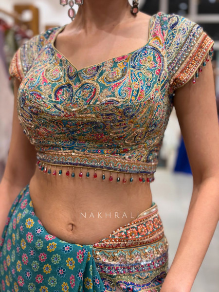 Zyraja Rama Green Printed Saree with Embellished Blouse