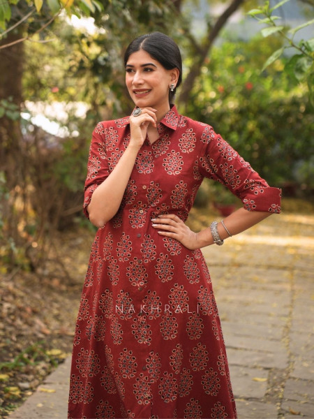 Rihana Red Cotton Block Printed Button-Down Dress