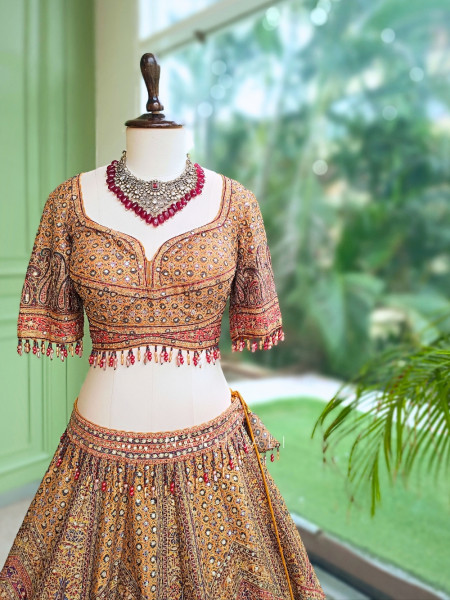 Burnt Orange Silk Lehenga Set With Marodi, Gota Patti & Mirror Work