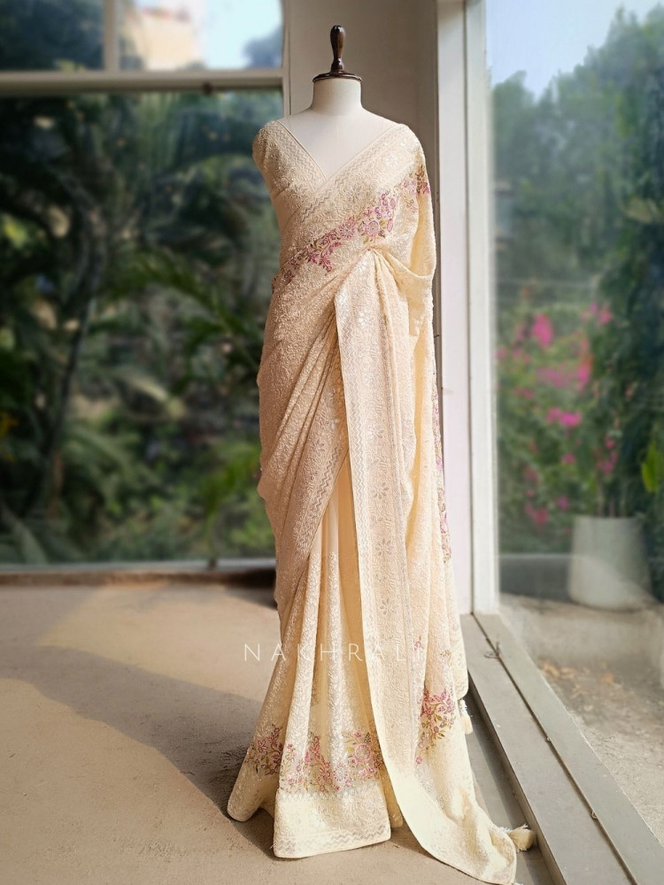 Image of Ecru Grace Cream Embroidered Elegance Saree with Sequin Detailing