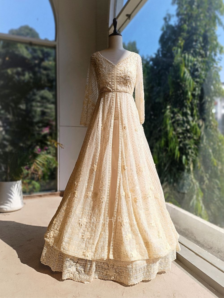 Image of Elvya Cream Embroidered Achkan Lehenga Set
