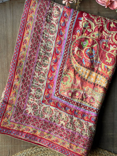 Paisley Printed Red Saree with Stone Embellished Readymade Blouse