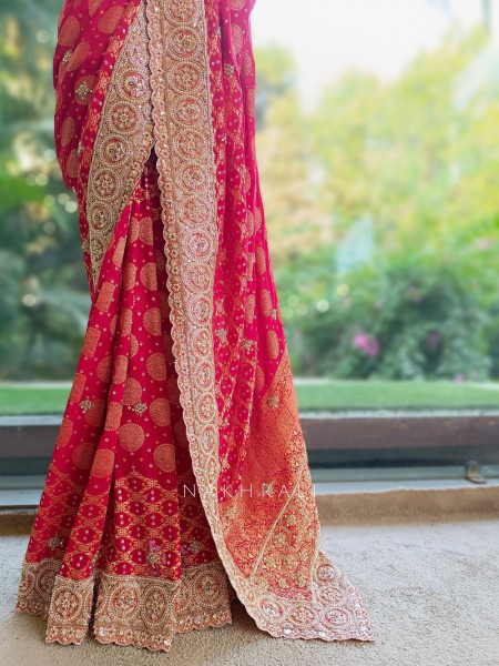 Gazal Red Red Georgette Silk Saree with Bandhani Print